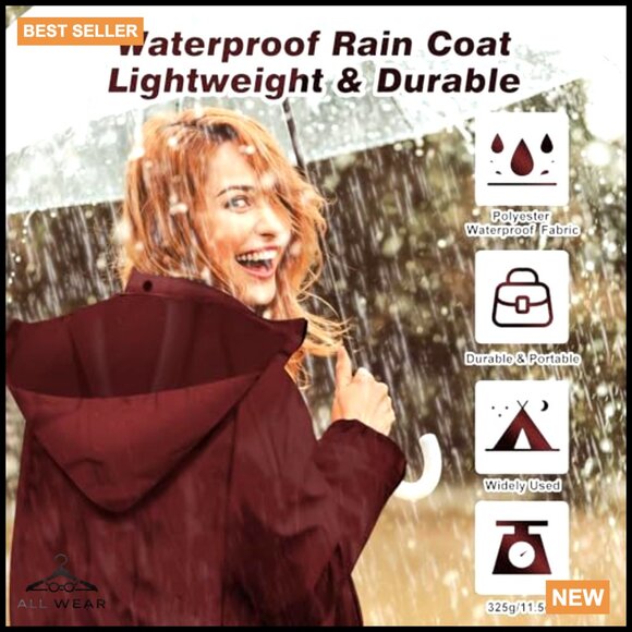 Long Hooded Raincoat Waterproof Packable Lightweight Trench Style Adjustable - Picture 3 of 7
